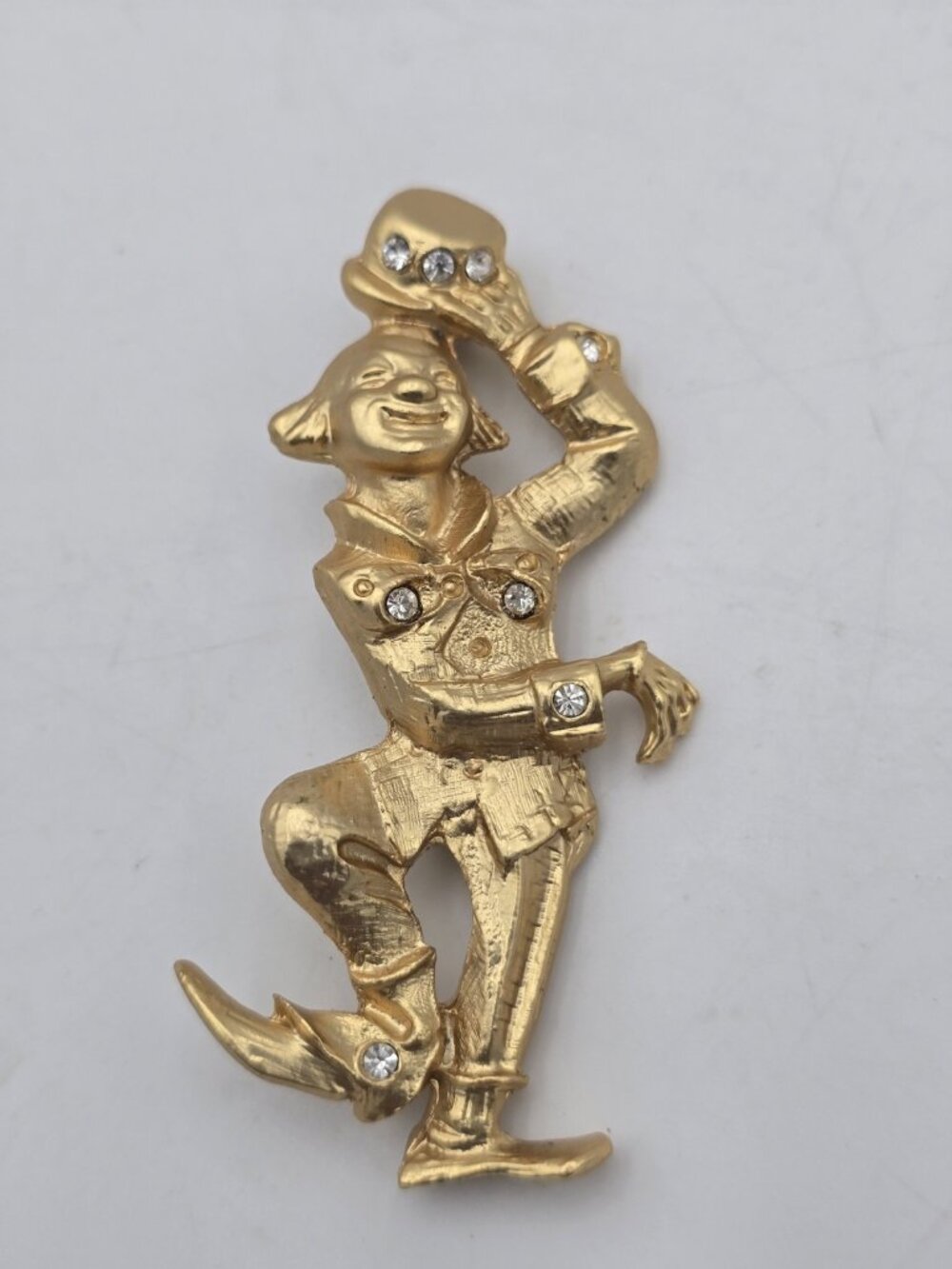 Vintage Gold Tone Rhinestone Clown Brooch Pin Figural Top Hat Costume Jewelry